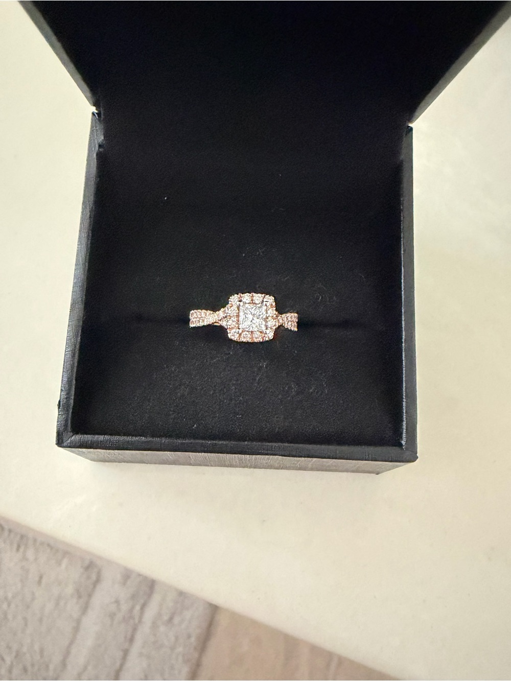 14kt rose gold princess halo ring